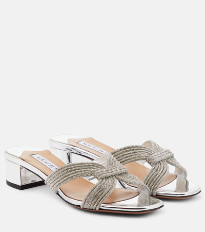 Aquazzura Muse 35 Crystal-embellished Metallic Leather Mules In Silver