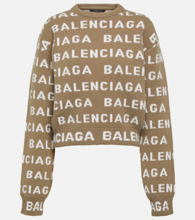 Balenciaga Logo Intarsia Knit Crewneck Jumper In Dark Beige,white