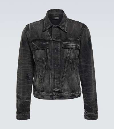 Amiri Ma Distressed Denim Trucker Jacket In Black