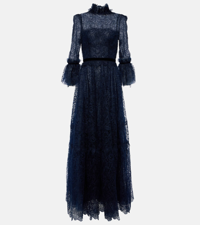 Costarellos Ruched Lace Gown In Blue
