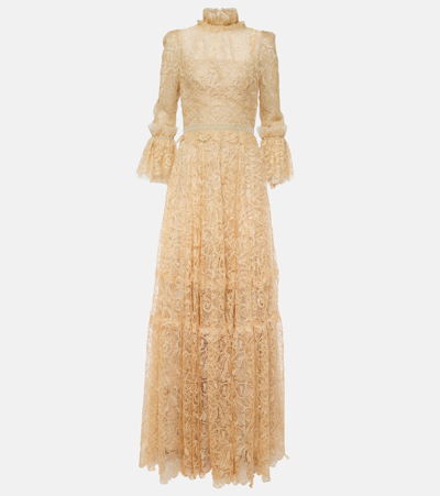Costarellos Ruched Lace Gown In Gold