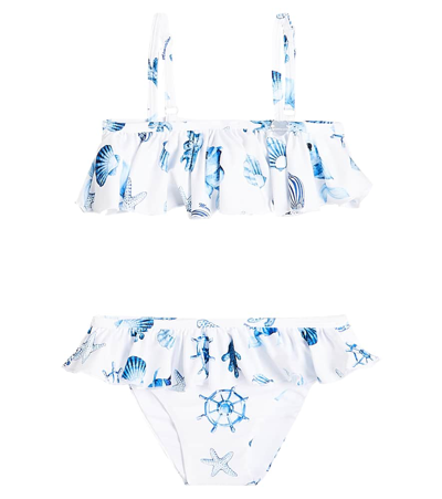 Monnalisa Kids' Printed Ruffled Bikini In Bianco+bluette