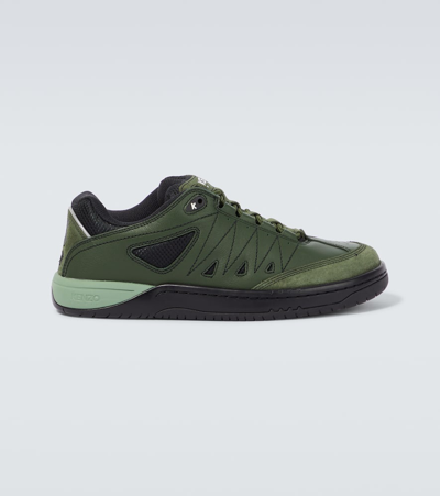 Kenzo Mesh-panelled Leather Trainers In Dark Khaki