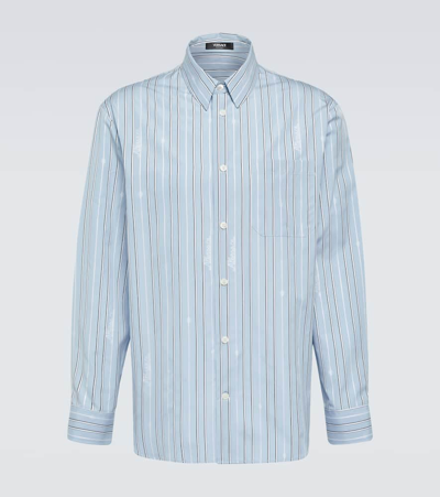 Versace Striped Cotton Poplin Shirt In Pale Blue
