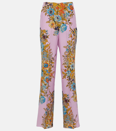 Etro Floral High-rise Silk Wide-leg Pants In Pink