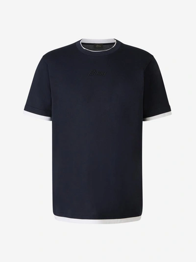 Brioni Logo Cotton T-shirt In Blau Nit