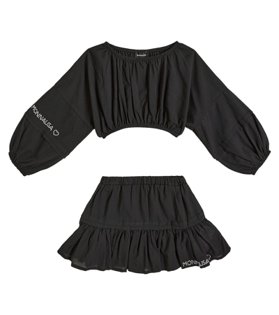 Monnalisa Kids' Cotton Top And Skirt Set In Nero