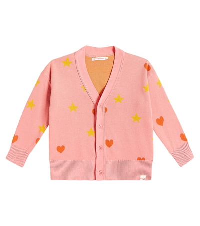 Tinycottons Kids' Hearts Stars Jacquard Cotton Cardigan In Pink