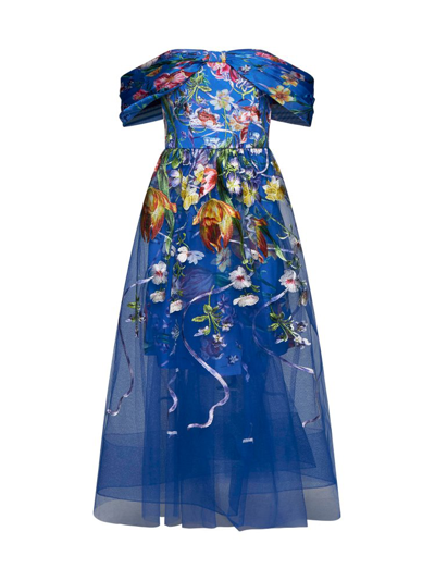 Marchesa Notte Ribbons Midi Dress In Blue