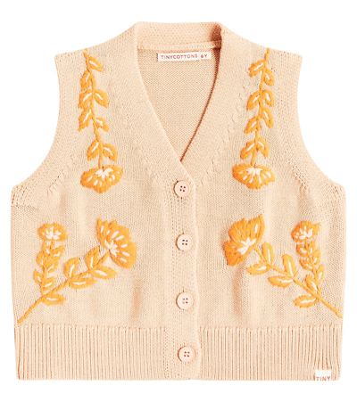 Tinycottons Kids' Flowers Embroidered Cotton Sweater Vest In Papaya