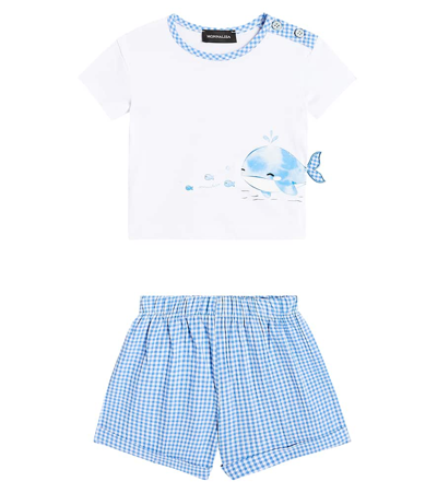 Monnalisa Baby Cotton T-shirt And Shorts Set In Bianco+bluette