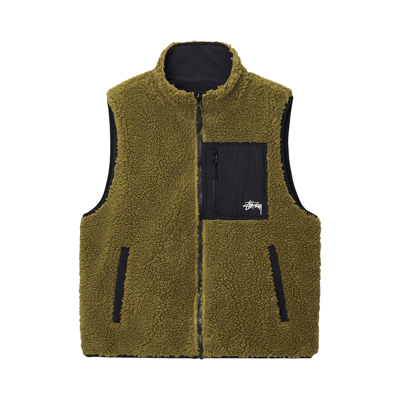 Pre-owned Stussy Sherpa Reversible Vest 'olive' In Green