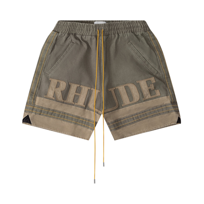 Pre-owned Rhude Embroidered Canvas Logo Shorts 'olive/tan' In Green