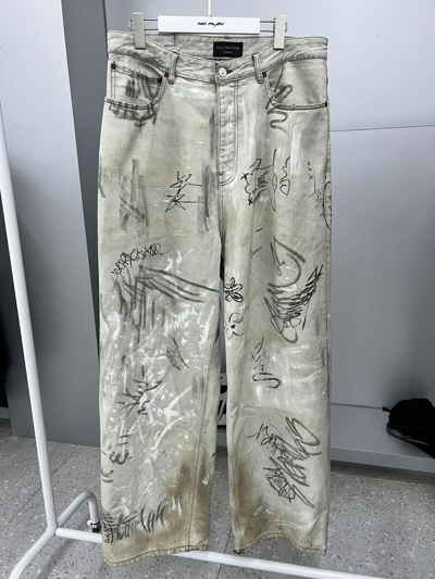 Pre-owned Balenciaga Ss23 Graffiti Print Organic Wide Leg Jeans In Beige