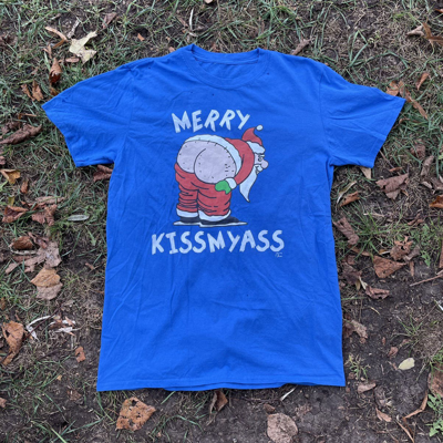 Pre-owned Humor X Vintage Y2k Faded “ Kiss My Ass Santa Xxx “ Humor Tee In Blue