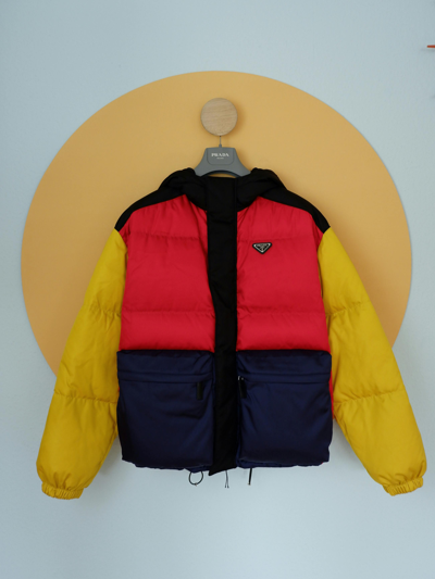 Pre-owned Prada Colour Block Down Jacket Ss2020 In Red