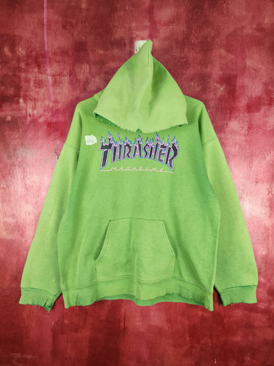 Pre-owned Skategang X Thrasher Trasher Magazine Distressed Green Hoodie Sweatshirt 295b