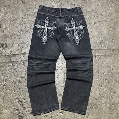Pre-owned Affliction X Jnco Crazy Vintage Y2k Baggy Cross Jeans Opium Wide Leg Skater In Black