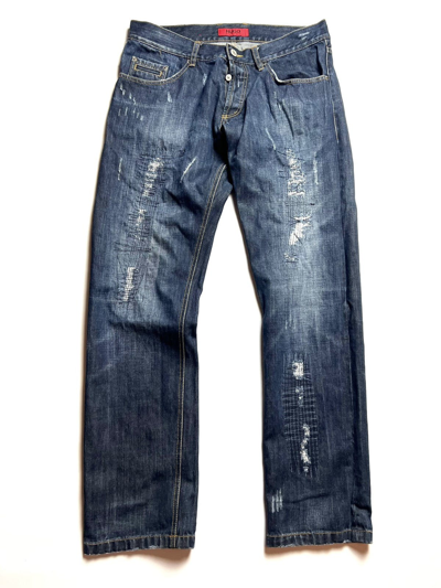 Pre-owned Hugo Boss X Vintage Y2k Hugo Boss Washed Denim Distressed Japan Style Pants In Washed Blue