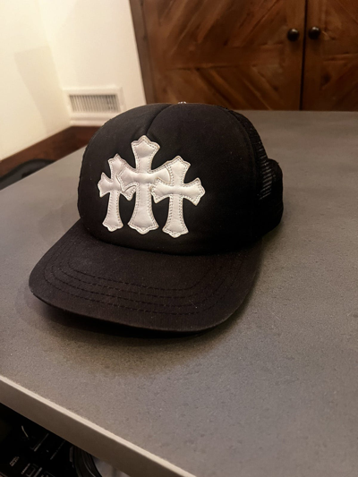 Pre-owned Chrome Hearts White Leather Cross Hat In Black