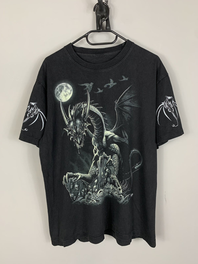 Pre-owned Vintage 90's  Aop Graphic Dragon And Skulls Tee Tshirt In Black Grey