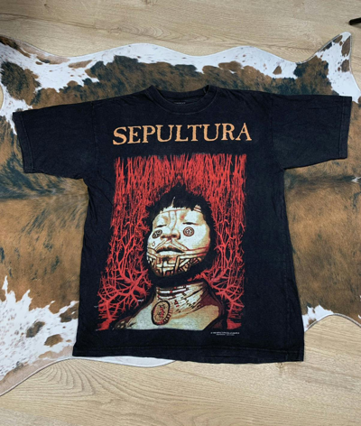Pre-owned Band Tees X Rock Tees Vintage 1996 Sepultura Roots Blue Grape Tee Shirt 90's In Faded Black