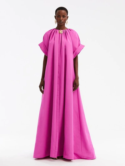 Oscar De La Renta Floral-button Faille Kaftan Maxi Dress In Pink