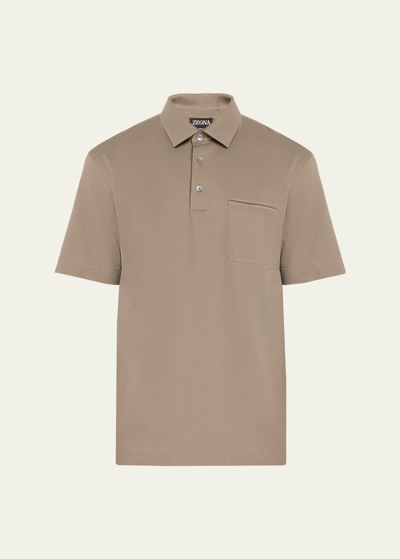 Zegna Men's Cotton Polo Shirt With Leather-trim Pocket In Dk Bge Sld