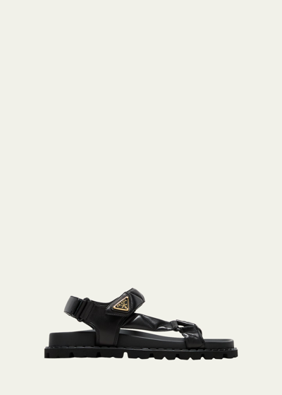 Prada Fussbet Quilted T-strap Sporty Sandals In Nero