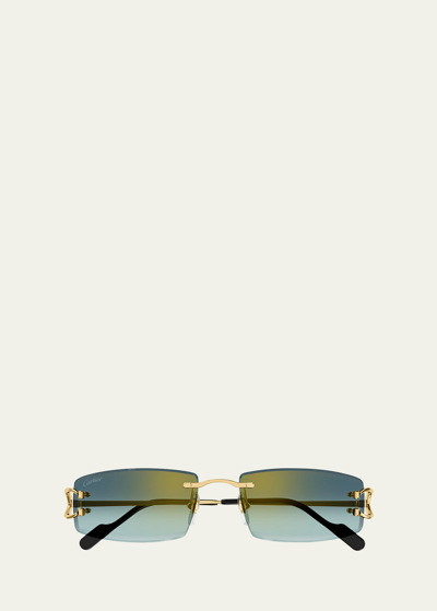 Cartier Men's Ct0465s Rimless Metal Rectangle Sunglasses In Smooth Golden Fin