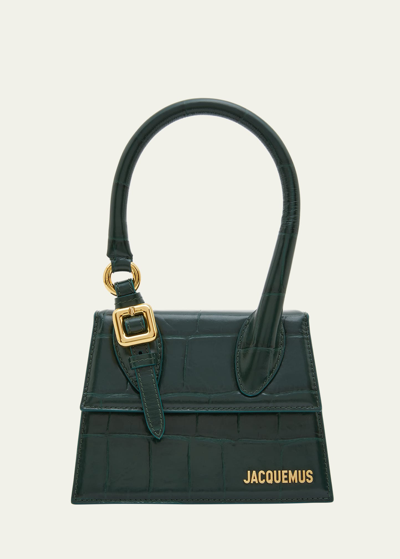 Jacquemus Le Chiquito Moyen Croc-embossed Top-handle Bag In Dark Green