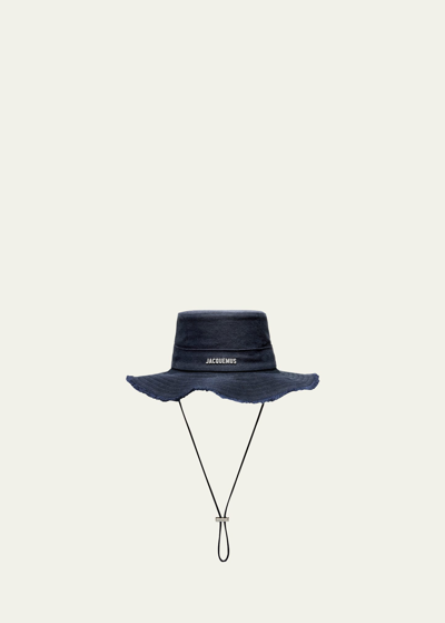 Jacquemus Men's Le Bob Artichaut Frayed Bucket Hat In Dark Navy 390
