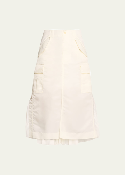 Sacai Cargo Nylon Pleat-back Midi Skirt In Off White