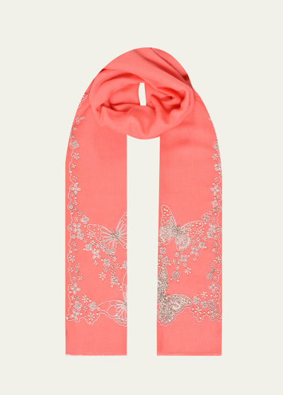 Janavi Pearly Butterfly Merino Wool Scarf In Flamingo Pink