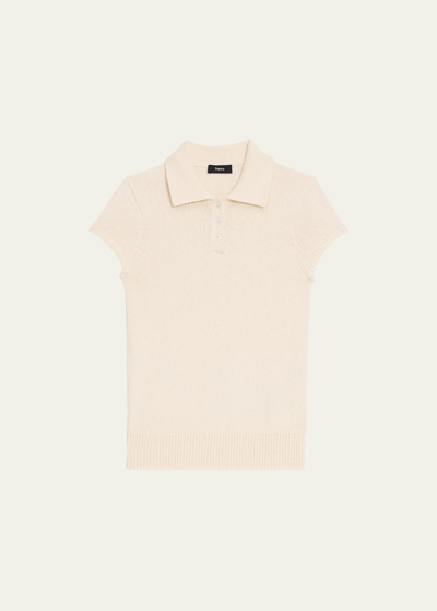 Theory Cap-sleeve Cotton And Merino Wool Polo Top In Off White