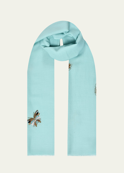 Janavi India Butterfly And Bugs Merino Wool Scarf In Dirty Aqua