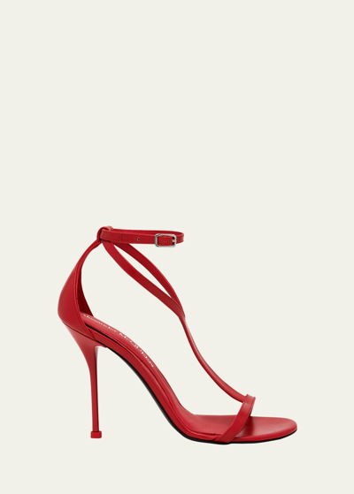 Alexander Mcqueen Harness Leather T-strap Stiletto Sandals In Red