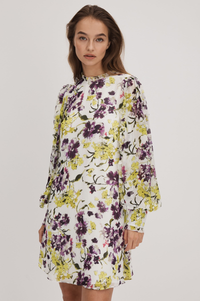 Florere Printed Blouson Sleeve Mini Dress In Ivory/multi