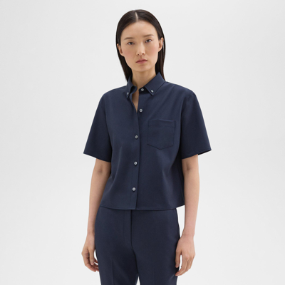 Theory Cropped Short-sleeve Shirt In Good Wool In Nocturne Navy