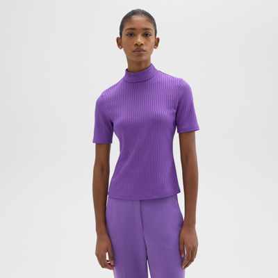 Theory Mock Neck Short-sleeve Top In Rib Knit In Bright Peony