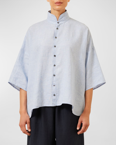 Eskandar Gingham Wide A-line Double Stand Collar Shirt (mid Length) In Sky Blue