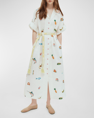 Alemais X Alan Berry Rhys Blue Marlin Embroidered Shirtdress With Belt In Cream