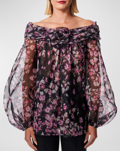 Carolina Herrera Off-the-shoulder Twisted Flower Chiffon Top In Black Multi