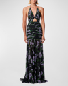 CAROLINA HERRERA FLORAL-PRINT CUTOUT RUCHED CHIFFON HALTER GOWN