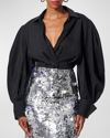 Carolina Herrera Collared Puff-sleeve French-cuff Wrap Top In Black