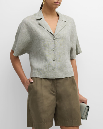 Peserico Cropped Button-down Linen Shirt In Lagoon Green