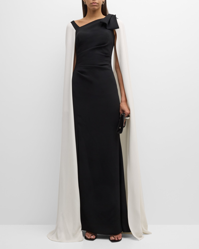 Rickie Freeman For Teri Jon Two-tone Cape-sleeve Crepe Column Gown In Black Whit