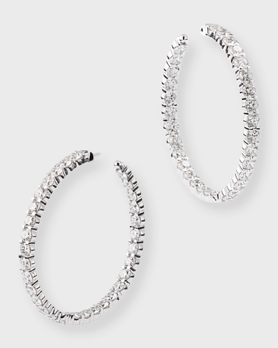 Memoire 18k White Gold Round Diamond Hoop Earrings, 35mm In Metallic