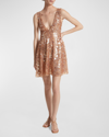 MICHAEL KORS PLUNGING FLORAL SEQUINED TULLE SLEEVELESS MINI BABYDOLL DRESS