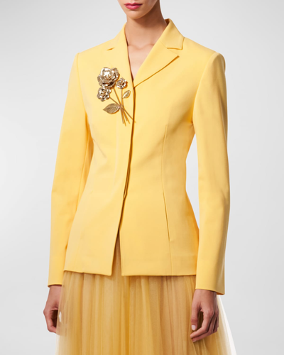 Carolina Herrera Wool Blazer Jacket With Gold-tone Roses In Sunshine Yellow